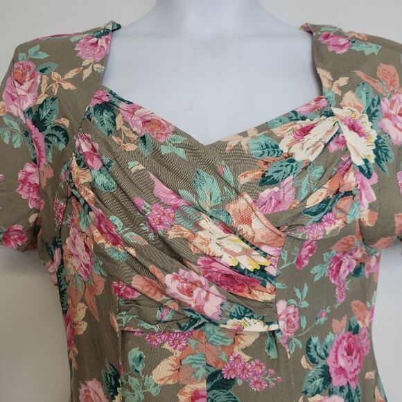 VINTAGE 90s dress‎ tan floral cottagecore rayon maxi with pockets M - Picture 3 of 10